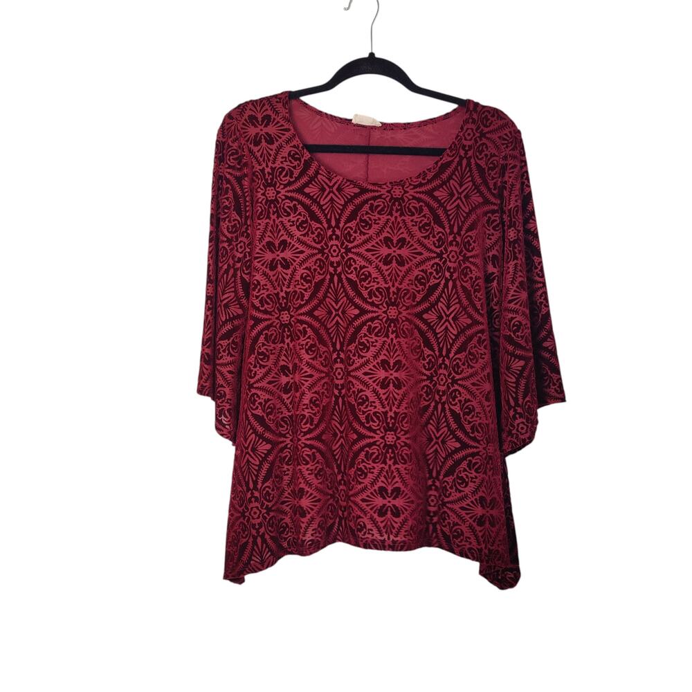 Brittany Black Red Burnout Velvet Sheer Fairy Shirt Asymmetrical Flare Sleeve